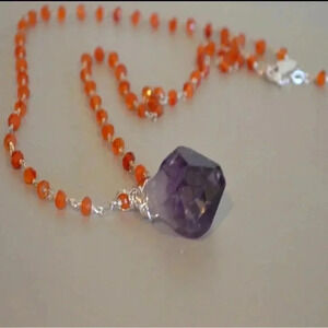 Raw Amethyst Crystal, Carnelian Necklace,Pendant,Men necklace, Teen Necklace